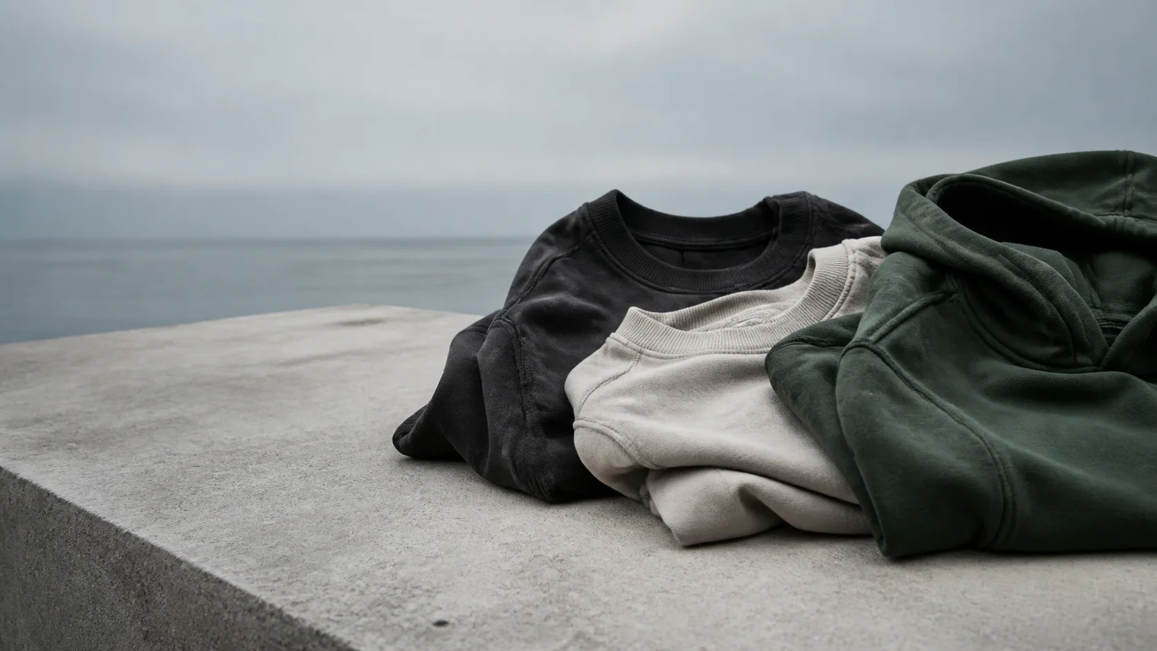 Acheilus heavyweight garments arranged on concrete in black, bone and forest green