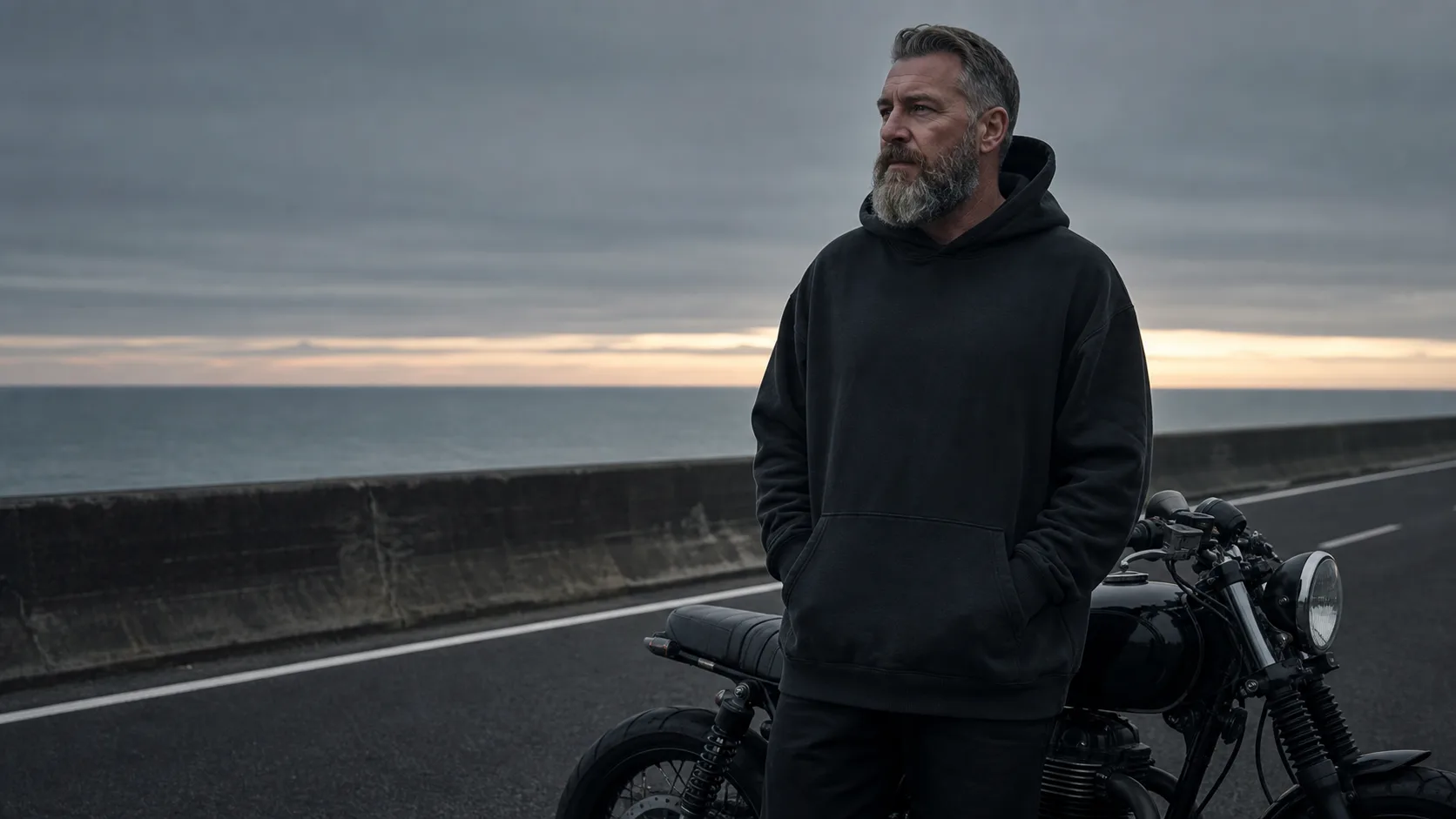 Distinguished bearded rider wearing a black Acheilus hoodie beside a classic motorcycle